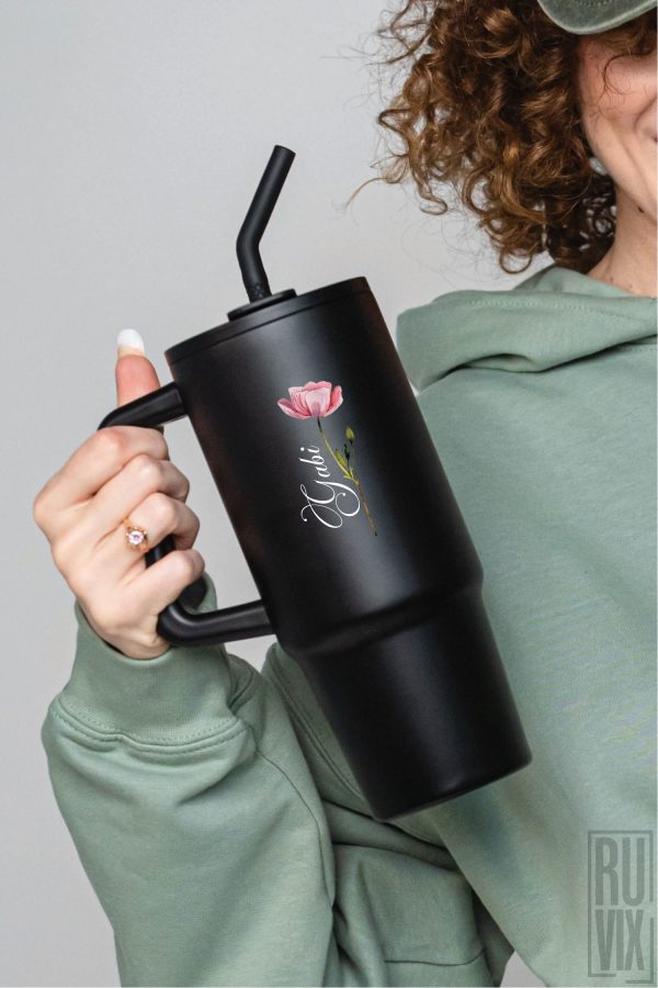 Căni și Termosuri, Mac Roz cu Numele tău - Cana termo premium, din inox reciclat 900ml – tumbler eco, ruvix.ro
