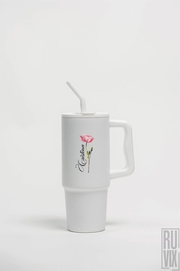 Căni și Termosuri, Mac Roz cu Numele tău - Cana termo premium, din inox reciclat 900ml – tumbler eco, ruvix.ro