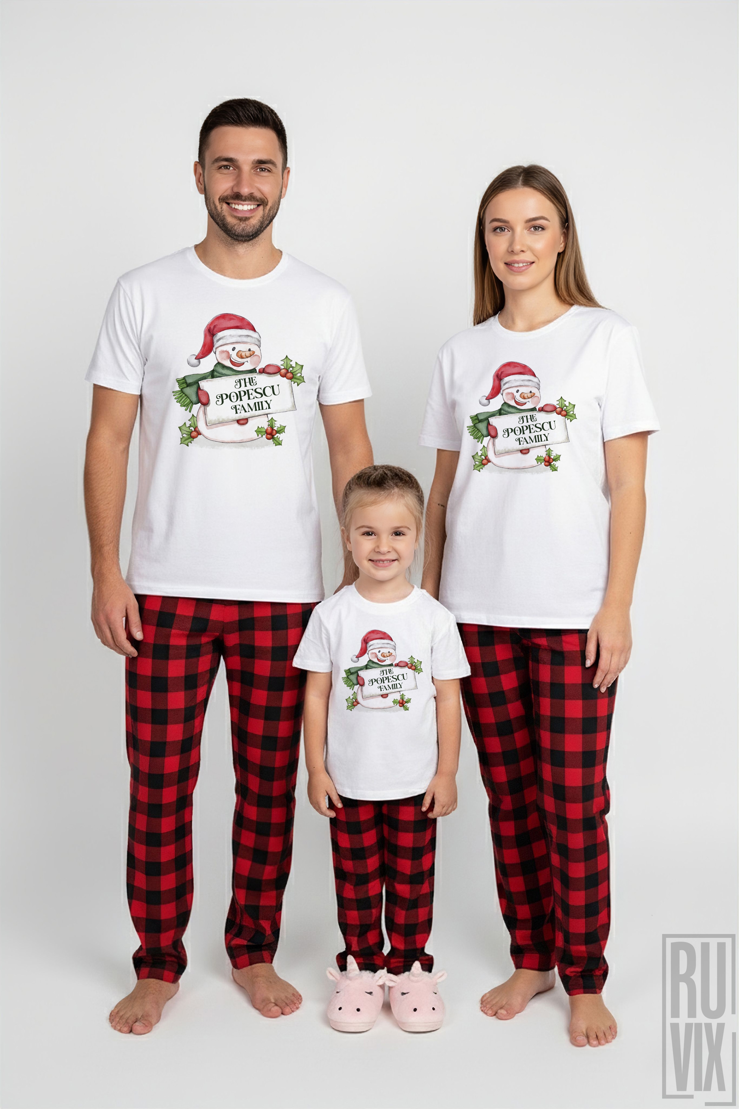 Pijamale de Crăciun, SET PIJAMALE FAMILIE - Om de Zapadă, ruvix.ro