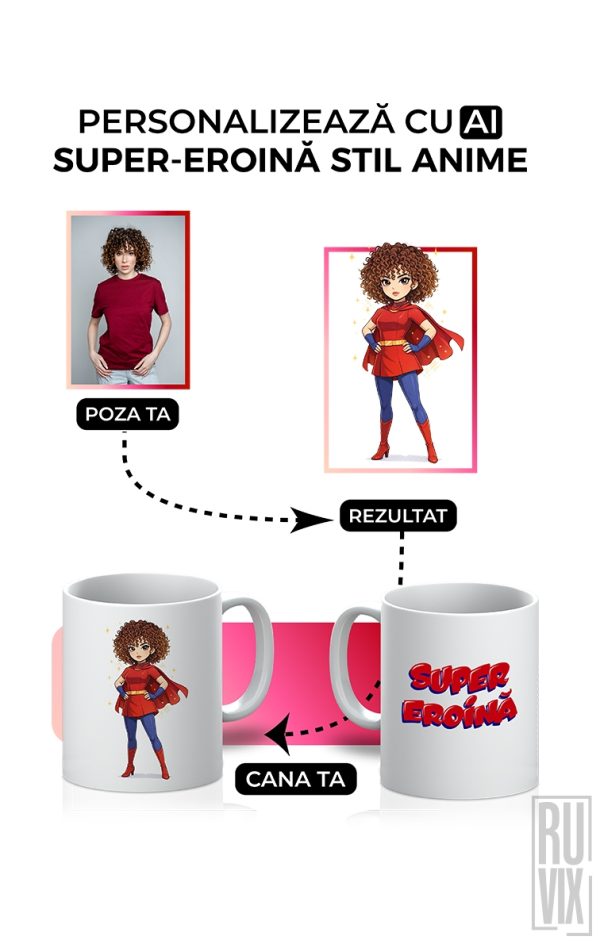 Căni și termosuri personalizate, Cană personalizată SUPER-EROINĂ stil Anime  – upload foto + editare automată, ruvix.ro