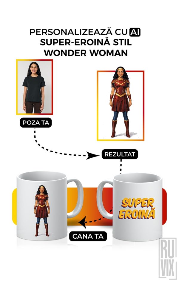 Căni și termosuri personalizate, Cană personalizată SUPER-EROINĂ stil Wonder Woman – upload foto + editare automată, ruvix.ro