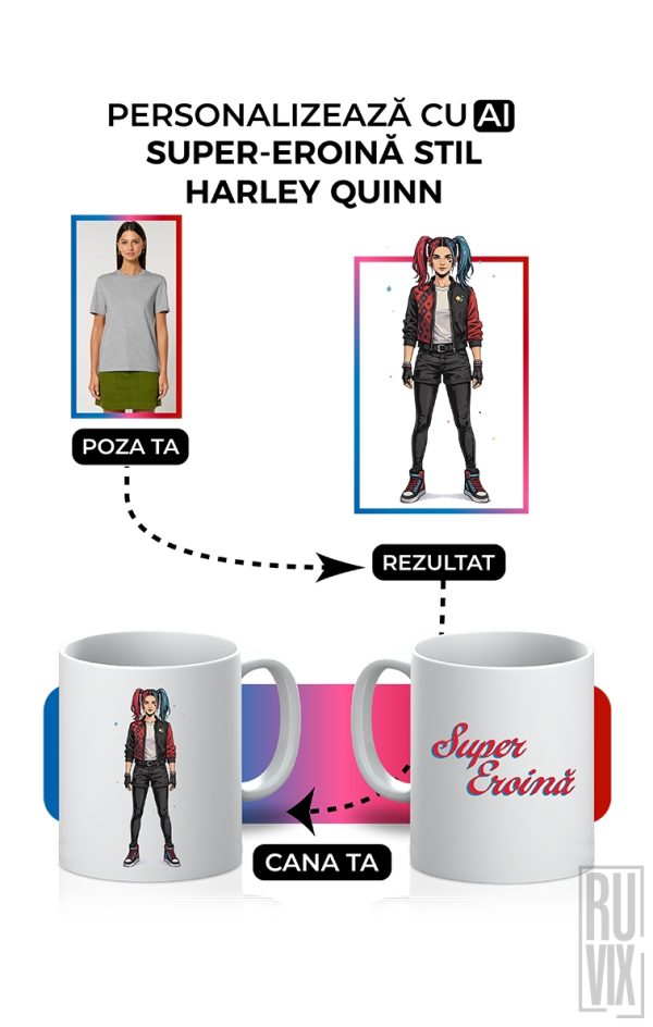 Căni și termosuri personalizate, Cană personalizată SUPER-EROINĂ stil Harley Quinn  – upload foto + editare automată, ruvix.ro
