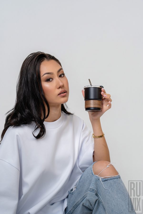 Tumbler Mate Personalizat cu Pai Metalic și Inel de Lemn 260 ml