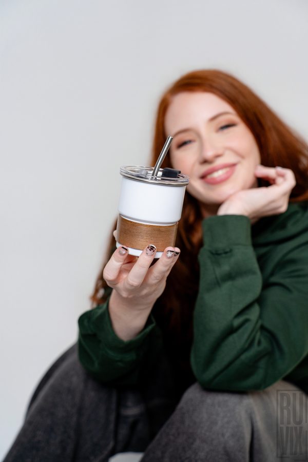 Tumbler Mate Personalizat cu Pai Metalic și Inel de Lemn 260 ml