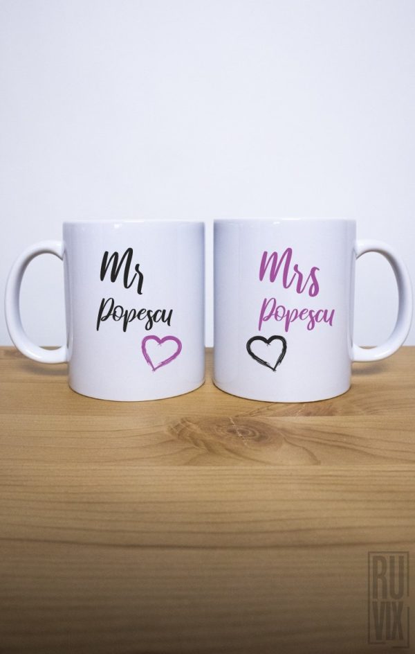 Căni pentru ea, Set 2 Căni Familia Mr &amp; Mrs, ruvix.ro