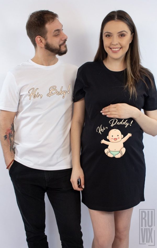 Tricouri pentru Cupluri, Set Rochie + Tricou Hi Daddy Hi Baby, ruvix.ro