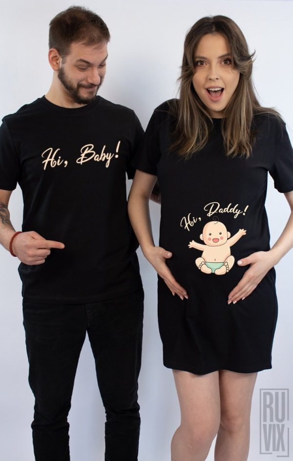 Tricouri pentru Cupluri, Set Rochie + Tricou Hi Daddy Hi Baby, ruvix.ro