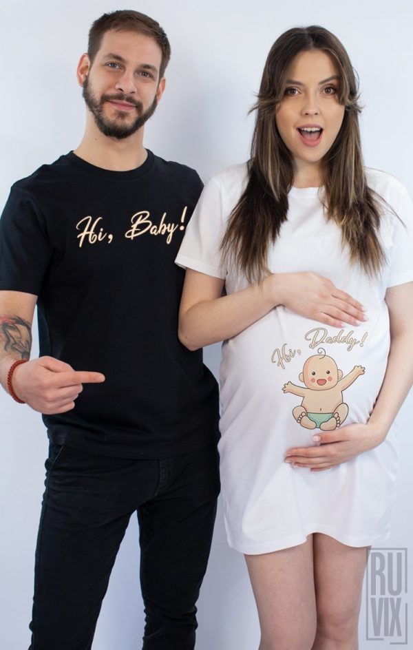 Tricouri pentru Cupluri, Set Rochie + Tricou Hi Daddy Hi Baby, ruvix.ro
